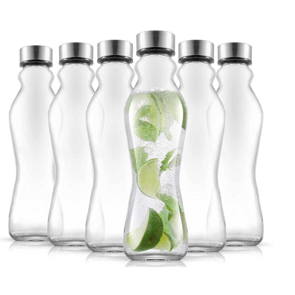 JoyJolt Spring Glass Water Bottles Set of 6-18 oz Glass Bottles w/S.S. Caps